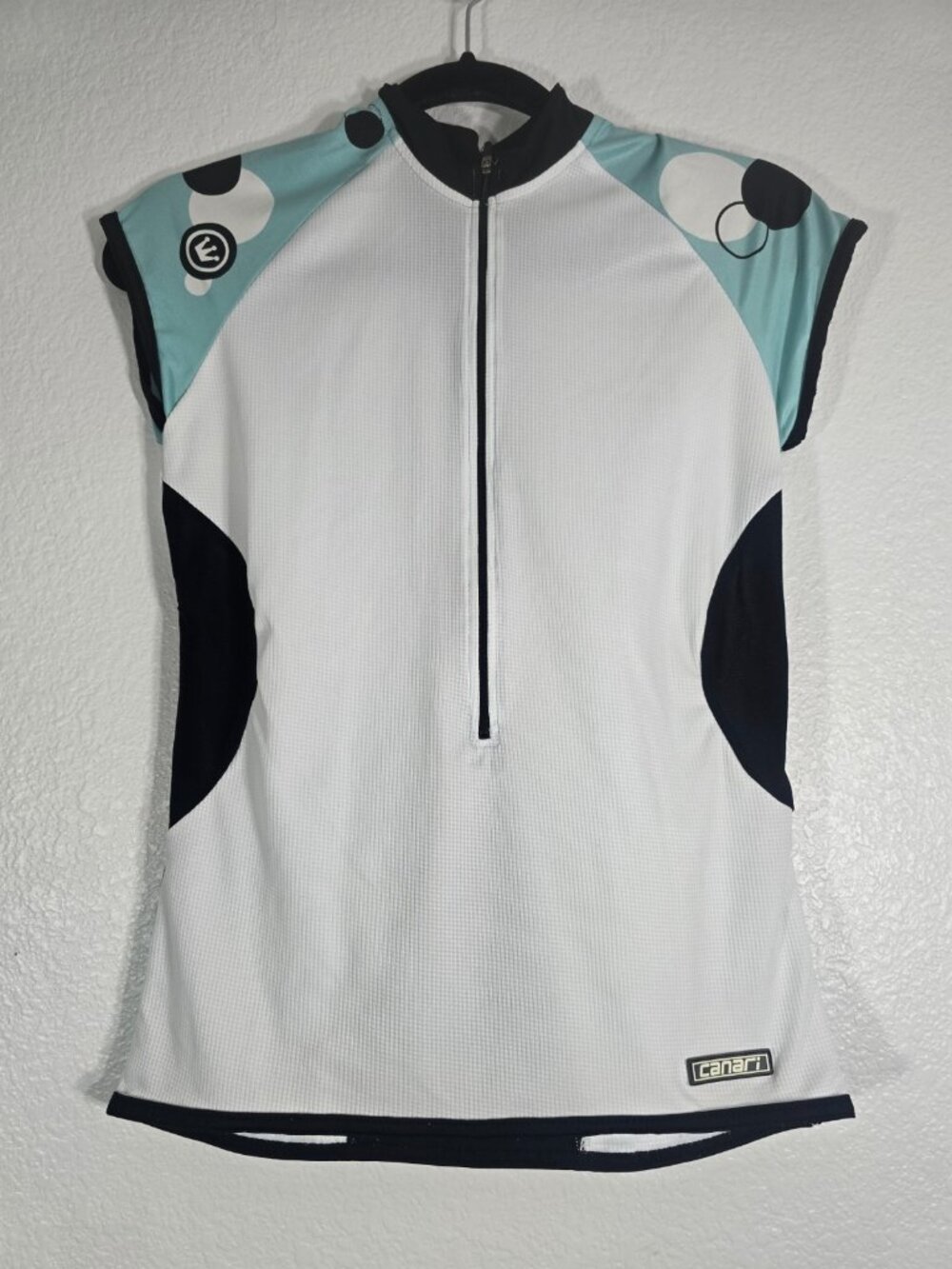 Canari Cycling Shirt Women Medium 1/4 Zip White Polka Dot Stretch Pockets